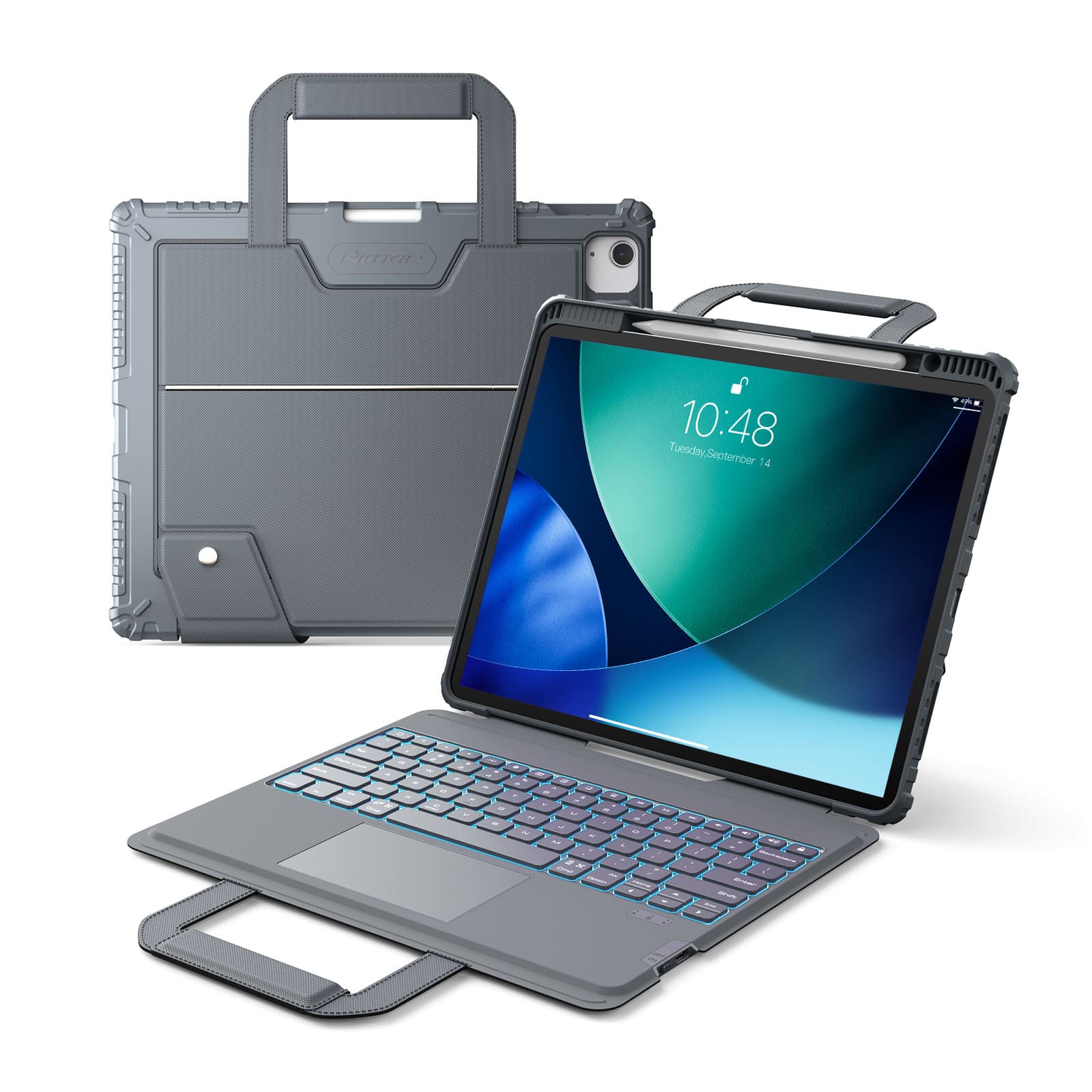 iPad Air5 Wi-Fiモデル256GB スペースグレイキーボードカバー付 Nillkin Carry Go ポータブルハンドルバックライトキーボードケース